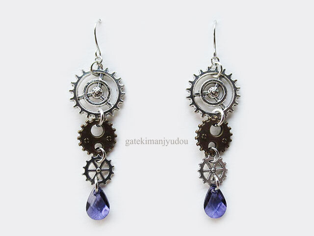 歯車と青い雫のピアス【イヤリング等変更可】 | iichi ハンドメイド