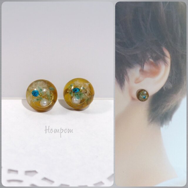 20p036 まん丸ドライフラワーピアス(べっ甲)　ホムポム