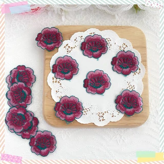 3枚】立体 刺繍 花 赤 アップリケ モチーフ ケミカルレース 手芸