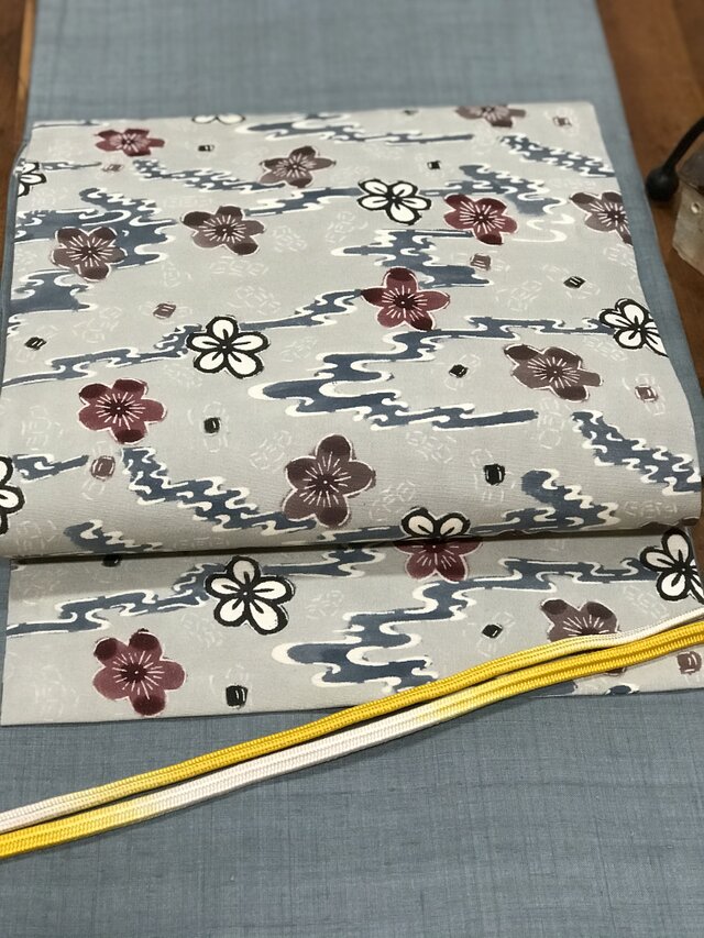 全通!紬地にお花の型染めなごや帯の画像1枚目