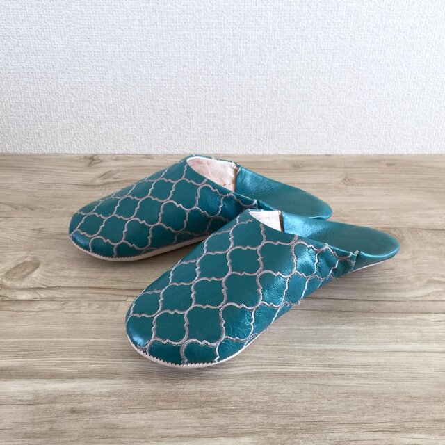 新作 綺麗な刺繍の上品バブーシュ ノーブルⅡ ターコイズブルーの画像1枚目
