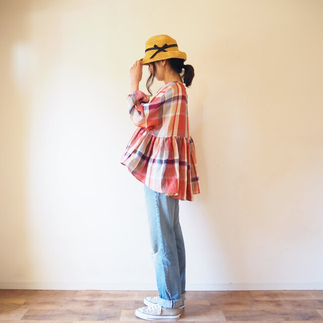 ◯予約商品◯Linen Madras check gather blouseの画像1枚目