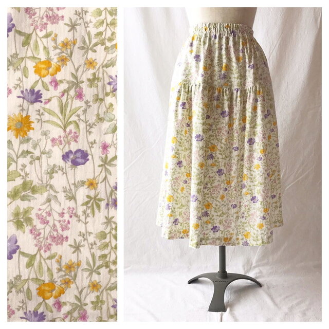 あったかナチュラルなティアードスカート（75cm丈）（ウインターガーデン：オフホワイト×イエロー）