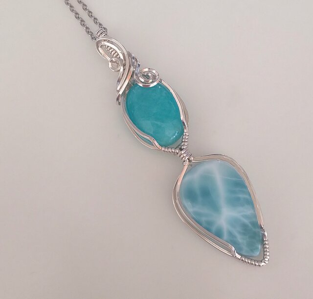 silver925ラリマー❅ワイヤーアートペンダントトップ☆ silverアマゾナイト&ラリマー＊ワイヤーアートペンダントトップ