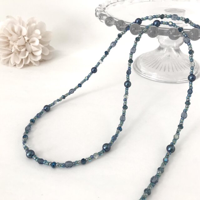 一連 クラシカルロングネックレス ブルー 青 パール チェコガラス