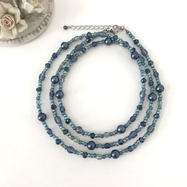一連 クラシカルロングネックレス ブルー 青 パール チェコガラス