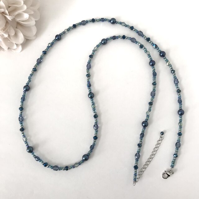 一連 クラシカルロングネックレス ブルー 青 パール チェコガラス