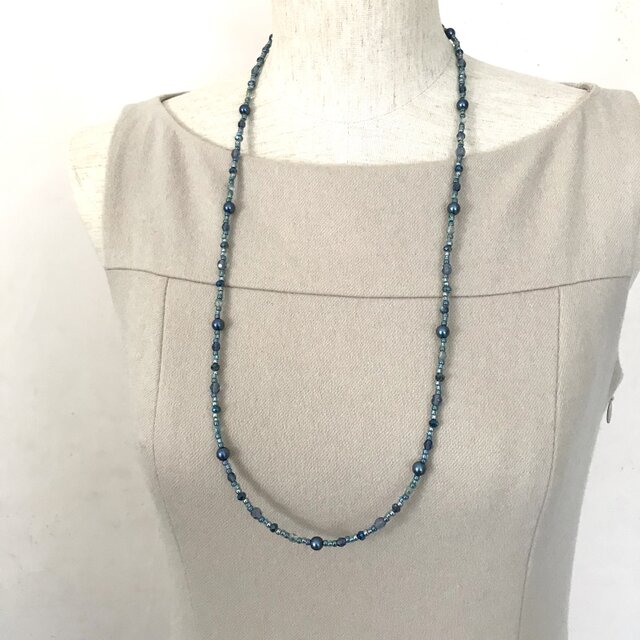 一連 クラシカルロングネックレス ブルー 青 パール チェコガラス