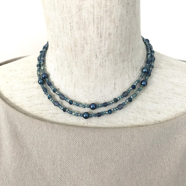 一連 クラシカルロングネックレス ブルー 青 パール チェコガラス