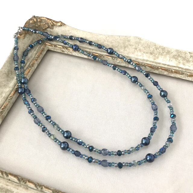 一連 クラシカルロングネックレス ブルー 青 パール チェコガラス