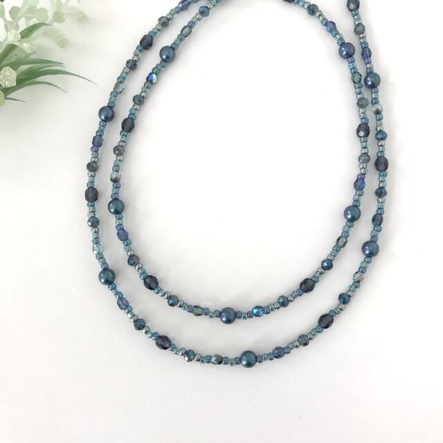 一連 クラシカルロングネックレス ブルー 青 パール チェコガラス