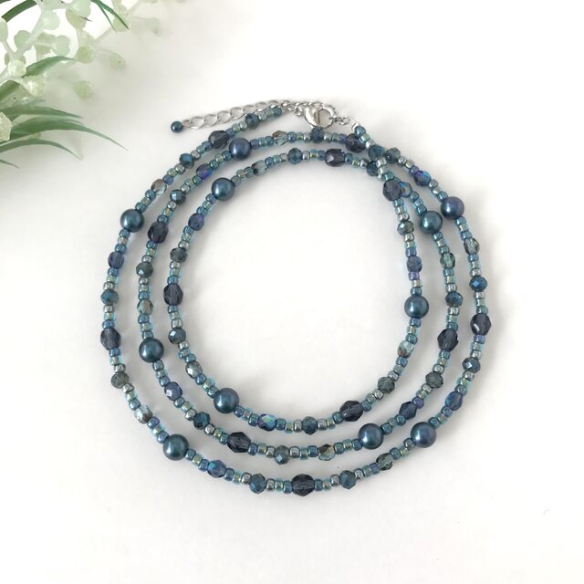 一連 クラシカルロングネックレス ブルー 青 パール チェコガラス