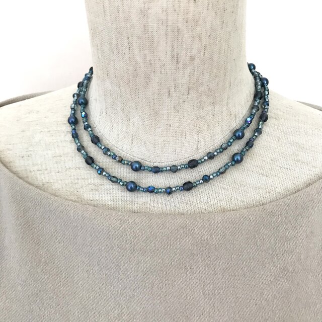 一連 クラシカルロングネックレス ブルー 青 パール チェコガラス