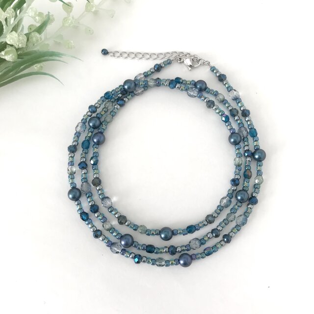 一連 クラシカルロングネックレス ブルー 青 パール チェコガラス