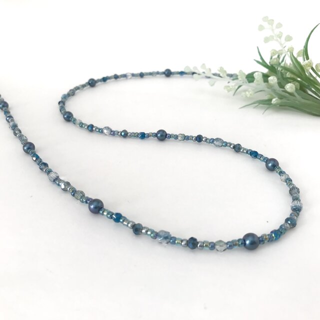 一連 クラシカルロングネックレス ブルー 青 パール チェコガラス