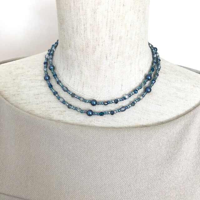 一連 クラシカルロングネックレス ブルー 青 パール チェコガラス