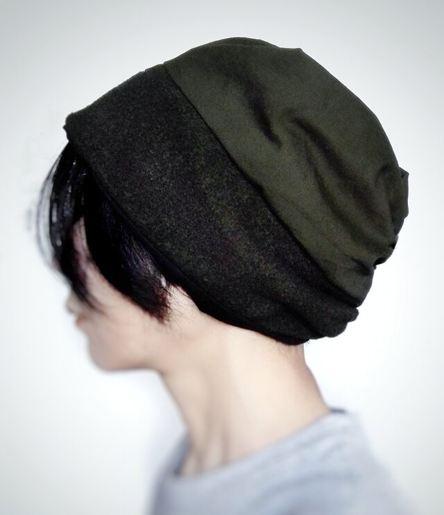 ターバンな帽子　カーキ＋黒　送料無料