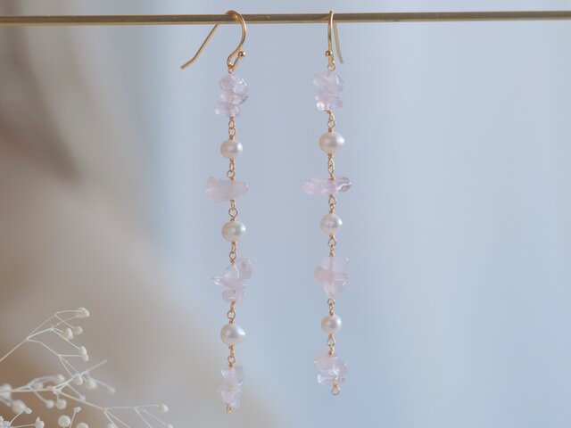 rose quartz earring：ローズクォーツ×パール 天然石ロングイヤリング