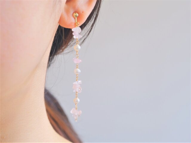 rose quartz earring：ローズクォーツ×パール 天然石ロングイヤリング
