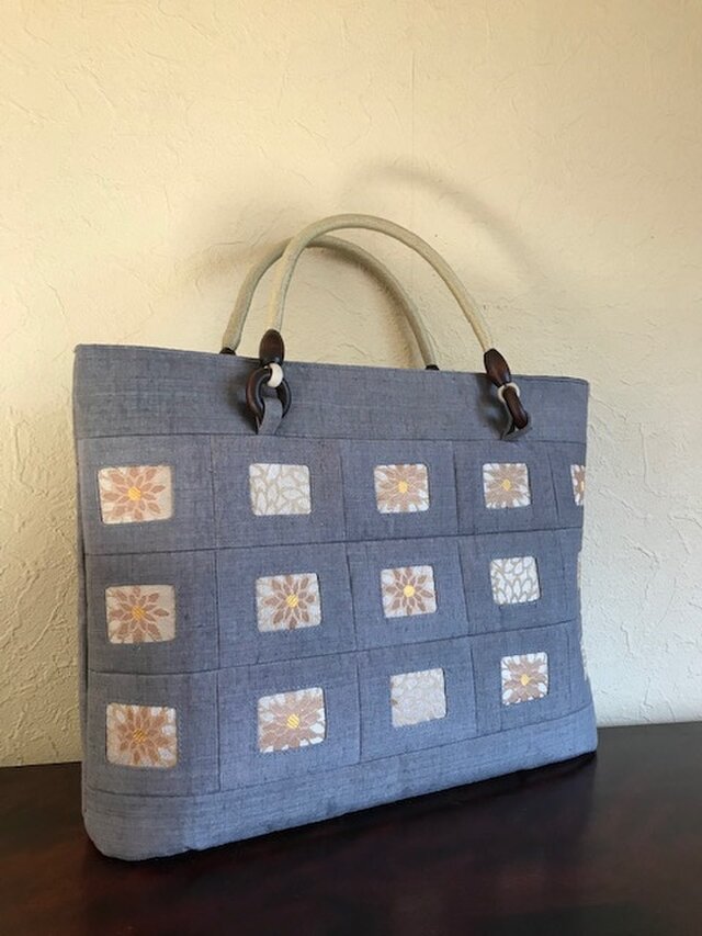 菊花柄帯地　はめ込み手提げ