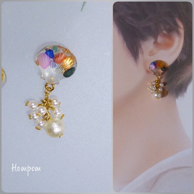 20p055・B・カラフルシェルとジャラジャラパールのピアス　ホムポム