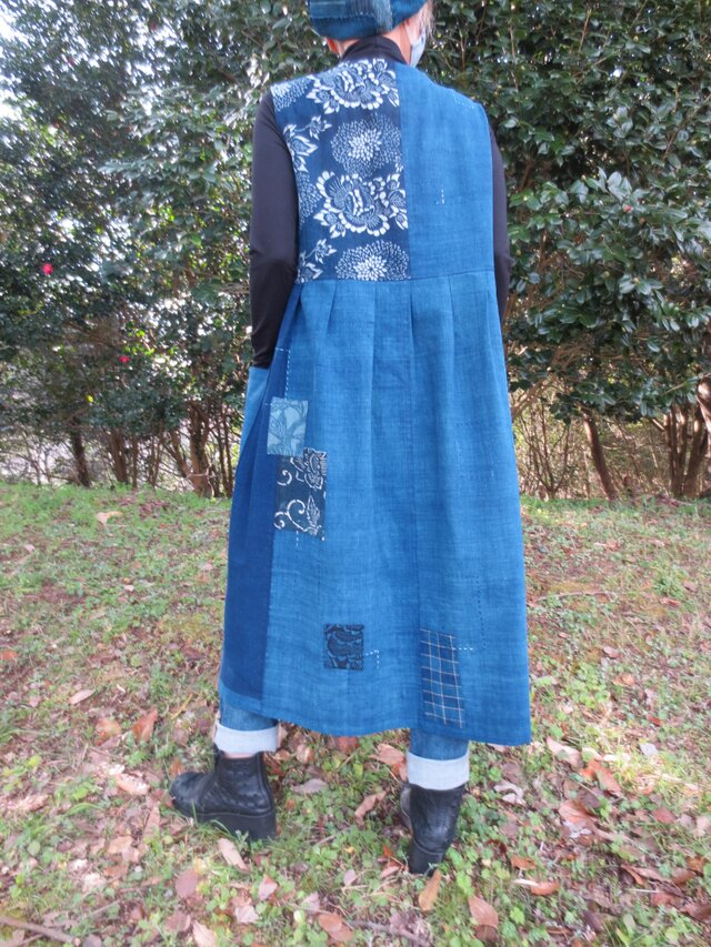 古布リメイク カシュクールジャンバースカート きれいめ襤褸 藍染 型染 刺し子 綿100％ 大人可愛い Boro | iichi 日々の暮らし