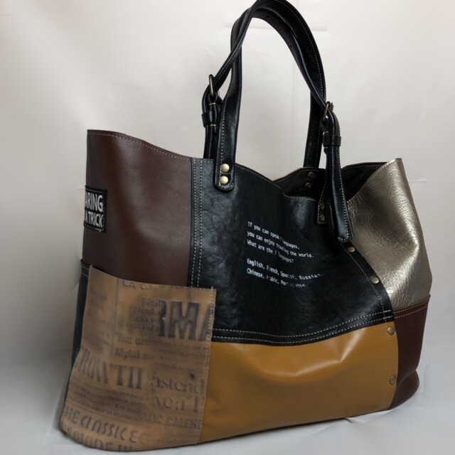 大きめレザーパッチトートバッグ モノトーン系