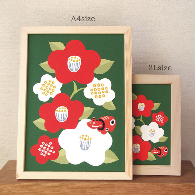 L判〜A3size【椿と赤べこ】ポスター | iichi 日々の暮らしを心地よく