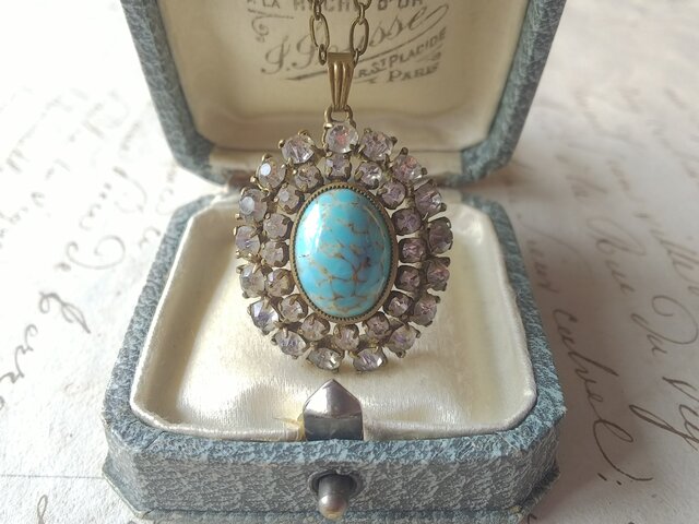 アンティーク Turquoise/Clear-Paste(34×27㎜)luxury ネックレスの画像1枚目
