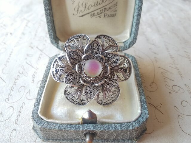 Italy ヴィンテージ Silver800 Flowerブローチ (Vitrail Frost Glass)の画像1枚目