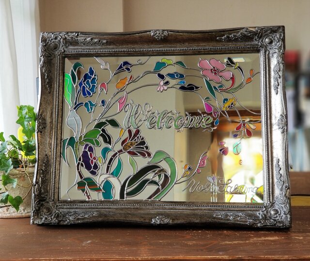 受注☆美魔女のウェルカムミラー～アンティークグレー額☆名入れ