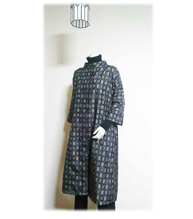 10＊大島紬リメイクスレトロデザインプリングコート(黒×紫）