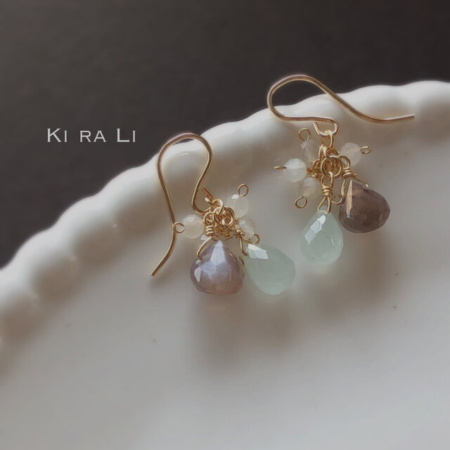14KGF チョコレートムーンストーンとミルキーアクアマリンのピアス(イヤリング)の画像1枚目