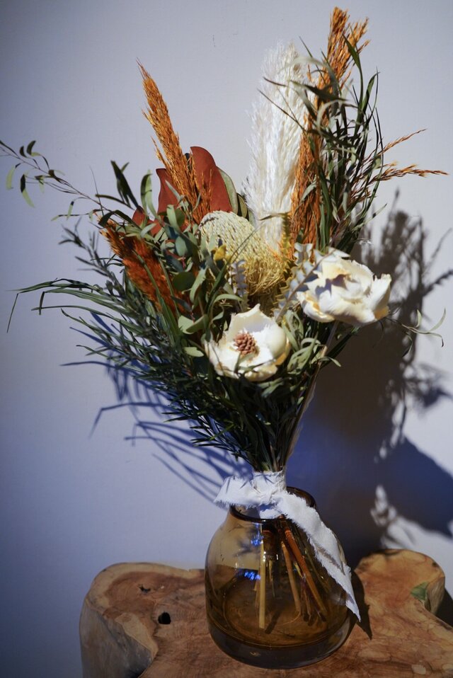 ドライブーケ パームフラワー パンパス バンクシア ブーケ 結婚式の画像1枚目