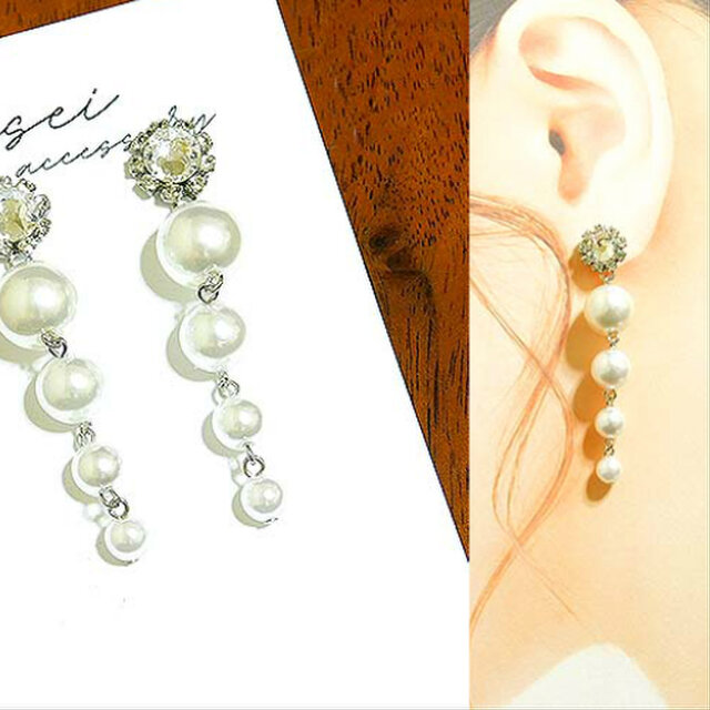 結婚式におすすめ4連パールロングスタッドピアス Iichi ハンドメイド クラフト作品 手仕事品の通販