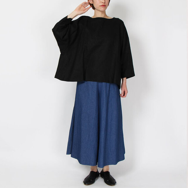 14番手リネンドロップショルダーワイドブラウス(ブラック)