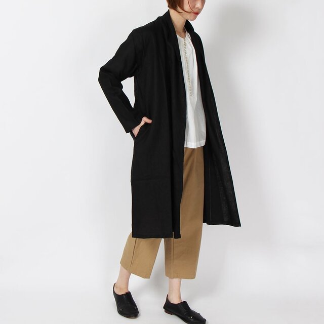 14番手リネン着流しロングカーディガン(ブラック)