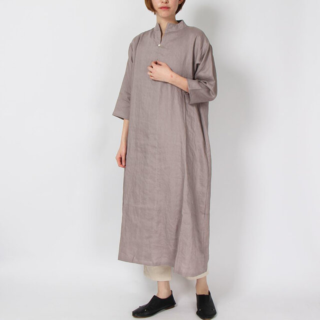 14番手リネンスタンドスリットワンピース(グレー)