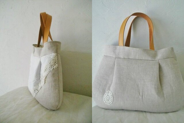 フランス*アンティーク*手刺繍*エクリュリネン*トートバッグ