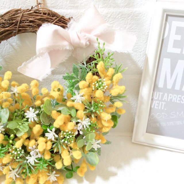 ◇ミモザプルプレア◆花束リース◇ナチュラル ミモザとユーカリのリース32cm | Pluie Flower