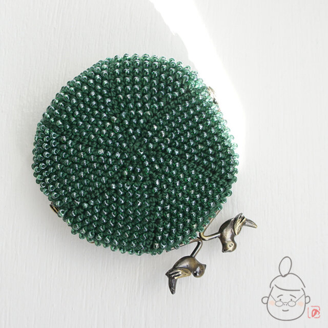 ばあば作♥ガラスビーズのまんまるがま口（verde・1380）