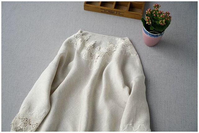 春 夏 秋リネン100 レース刺繍お洒落シンプルな大人可愛いワンピース ベージュ Iichi ハンドメイド クラフト作品 手仕事品の通販