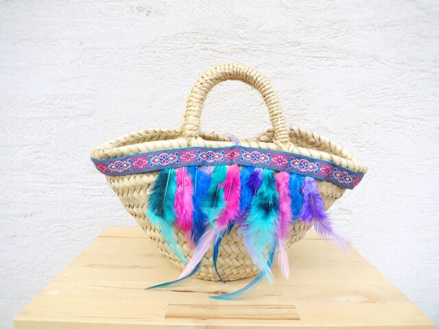 フェザーマルシェバッグ4 パープル&ピンク系 marche bag feather <MRC-F4> | iichi  日々の暮らしを心地よくするハンドメイドやアンティークのマーケットプレイス