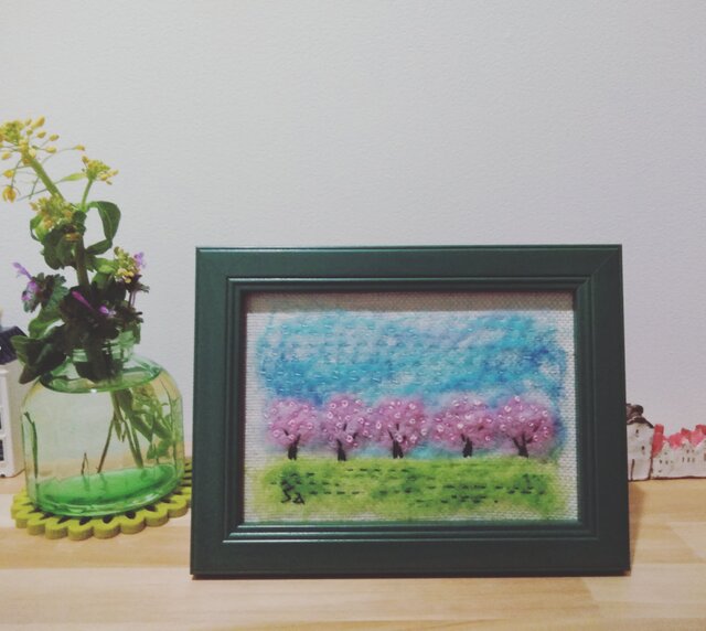 原毛と刺繍の桜並木の額☆ポストカードサイズ | iichi 日々の暮らしを