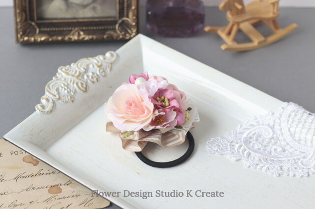 ラナンキュラスと薔薇のヘアゴム レース お花 ヘアゴム 髪飾り お