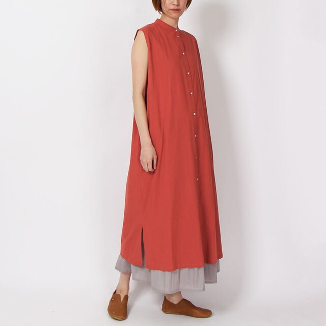 【SALE 30%off】ソフトワッシャーノースリーブワンピース(オレンジ)