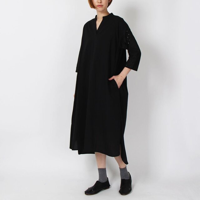 【SALE 30%off】ソフトワッシャーレース切替ワンピース(ブラック)