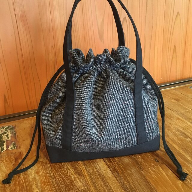 巾着トートバッグ　【　倉敷帆布　ランチバッグ　ウール　ツイード　　 】　ブラック