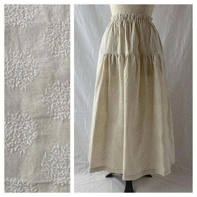 刺繍たっぷり生地のティアードスカート：85cm（生成地×刺繍:白）