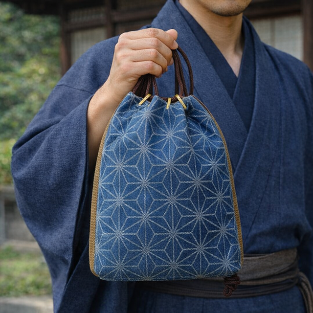洗い加工デニム製 通しマチ信玄袋 「麻の葉 銀」 | iichi 日々の暮らし